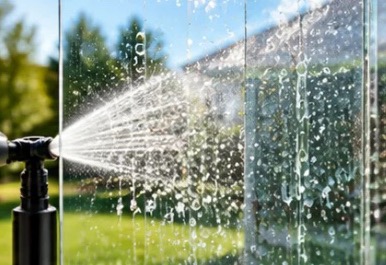 A sprinkler spraying water onto window glass, leaving spots